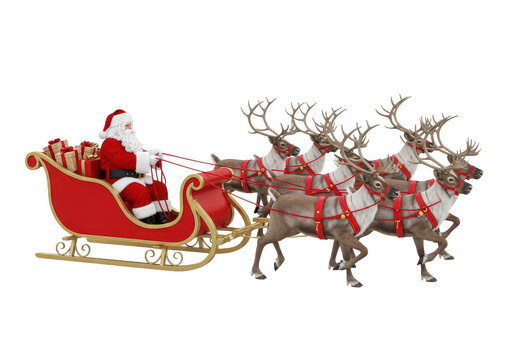 Santa Claus riding sleigh with reindeer isolated on transparent background