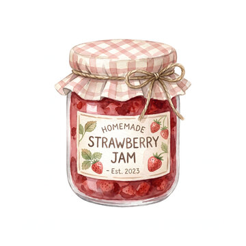 Homemade strawberry jam in a glass jar with a checkered lid.