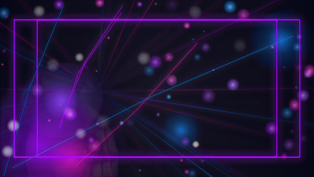 Abstract purple neon light frame with glowing particles and digital bokeh background