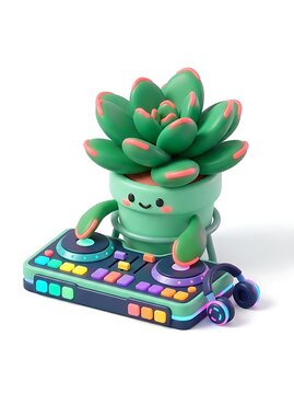 Cute succulent plant character playing a neon dj mixer
