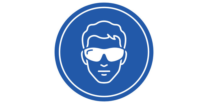 Safety glasses mandatory circular blue sign for industrial workplace protection compliance.