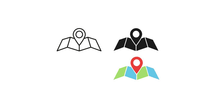 Minimalist map pin icon set black outline color solid and colorful graphic representation location pointer navigation.