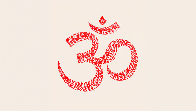 Om symbol written in intricate red decorative floral script on a plain off-white background with calligraphy spirituality religion meditation hinduism buddhism decorative illustration abstract
