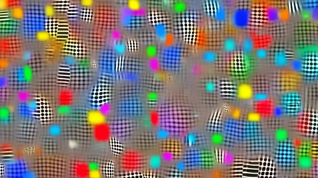 Colorful dots float and shift over continuously warping black and white grid patterns with pulsing distortion effects. Animated scene combines grids and dots with distortion.