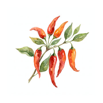 Watercolor illustration of a chili pepper plant with red and orange peppers and green leaves.