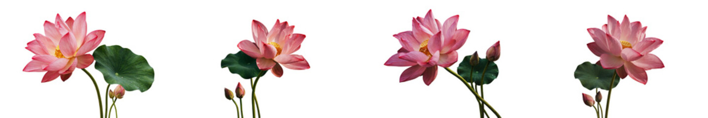 Fototapeta premium Four pink lotus flowers with leaves on transparent background
