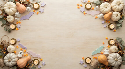 Obraz premium A beautiful autumn frame crafted with pumpkins gourds and candles for a festive halloween display