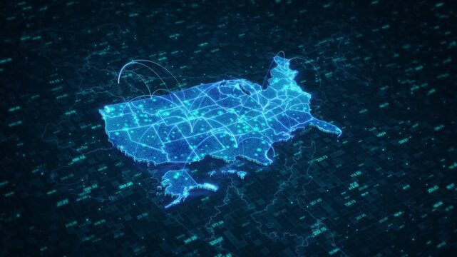 United States map displays multiple communication arcs across a technical data environment. shipping, supply chains, transport systems, network planning, cloud infrastructure and enterprise analytics.
