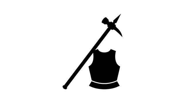 Poleaxe and breastplate silhouette graphic on white background