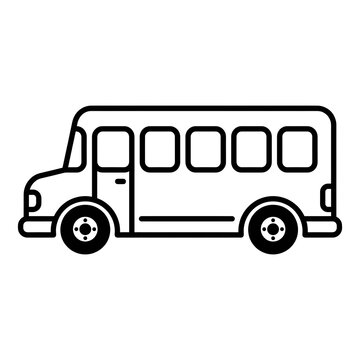 Minimalist black and white line art vector illustration of a school bus or passenger minibus. Great for education and public transit design projects.