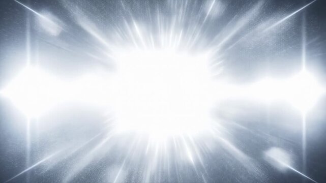 Bright white light burst radiates expanding beams and drifting particles against a dark background. Animated scene combines light rays and particles with layered visual depth.