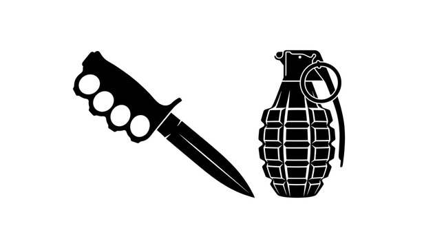 Black silhouettes of a tactical combat knife and hand grenade