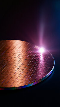 Runder Silizium-Wafer mit Mikrochips und violettem Laserstrahl, futuristische Technologie-Illustration f&uuml;r Halbleiter- und IT-Pr&auml;sentationen.