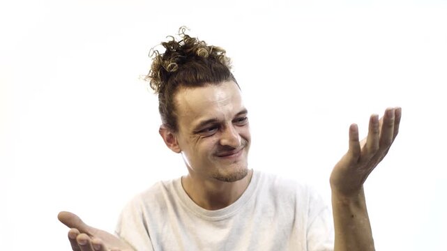 Man Choosing Between Two Options and Making a Decision on White Background