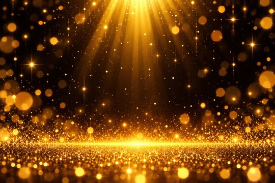 Abstract golden glitter background with bright light rays and sparkles