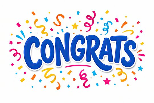 Blue congrats text with colorful confetti isolated on white background