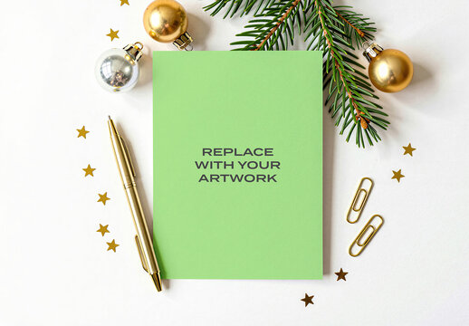 Vertical card mockup displayed on a white surface with Christmas ornaments, pine branch, gold pen, paper clips, and confetti, stationery branding presentation, holiday design template