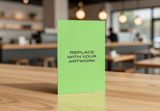 Vertical brochure mockup on a wooden table in modern cafe interior with blurred background, Template, realistic print presentation for graphic design and branding display