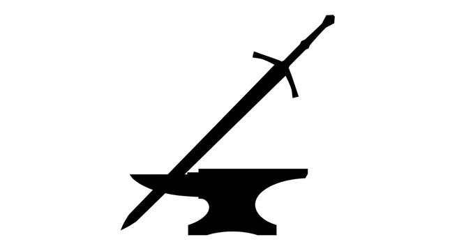 Black sword silhouette leaning on anvil isolated on white