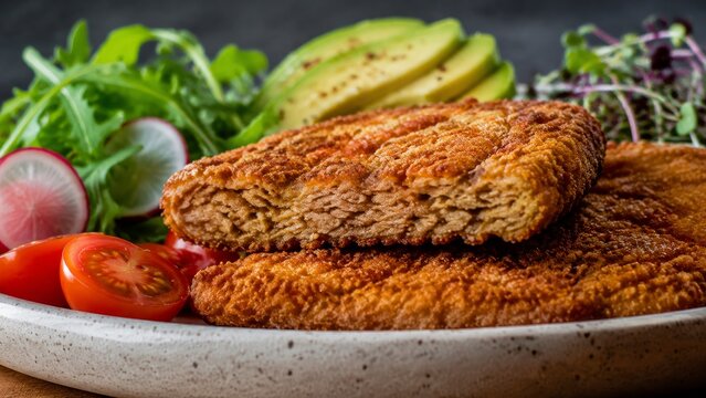 Breakfast seitan cutlet with golden breaded cutlets served with radish and salad leaves indoors