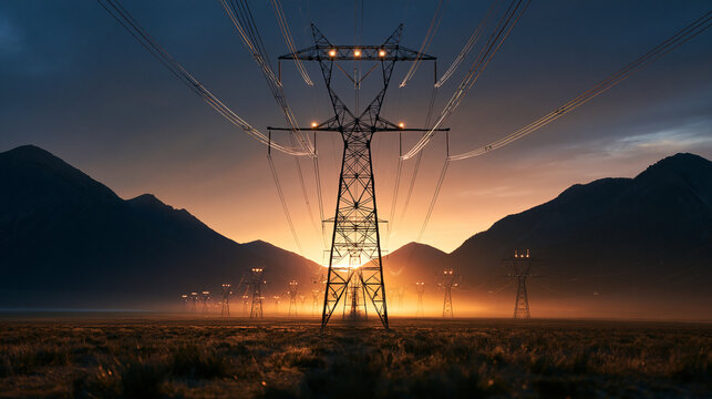 Electricity Transmission Towers and Power Grid at Sunset