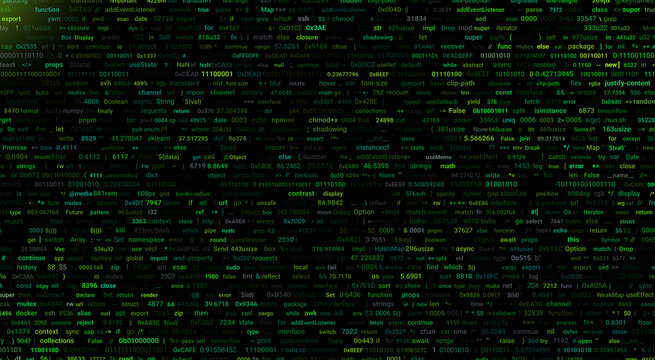 Abstract green programming code lines and hexadecimal data on a dark terminal screen.