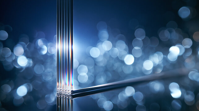 Stack of Clear Glass Panes with Blue Optical Bokeh Background