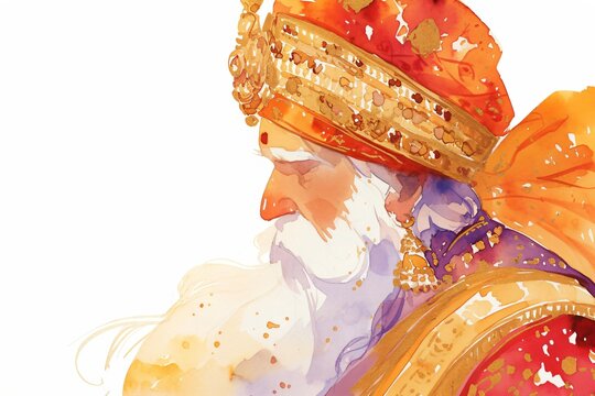 Indian king with white beard wearing royal turban and jewelry. Watercolor illustration of noble man in traditional ethnic clothing. Fairy tale character from One Thousand and One Nights.