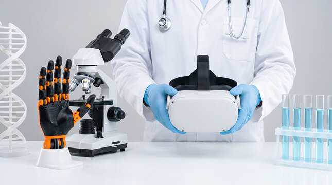 Doctor holds a VR headset in a lab with a robotic hand, microscope, and DNA model for future medicine
