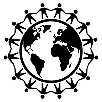 Group of human figures holding hands around earth globe for unity and diversity concepts.
