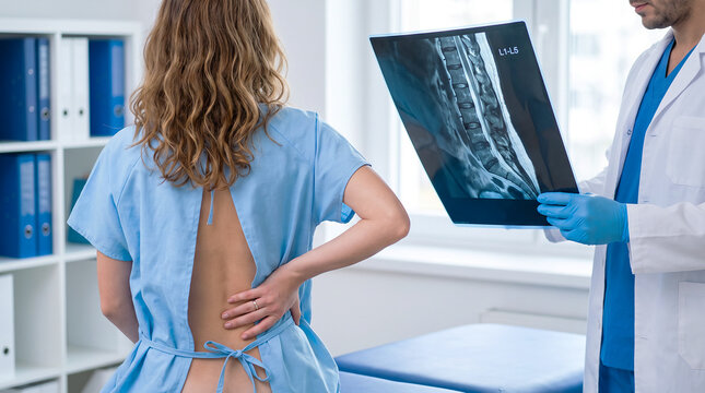Doctor holds a lumbar spine MRI scan labeled L1&ndash;L5 while a female patient with back pain stands in clinic