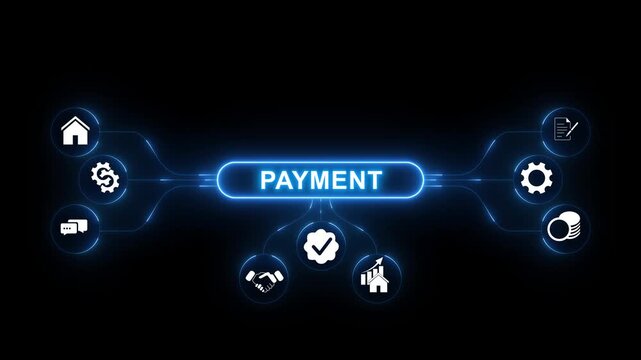neon payment successful button on black background. neon check mark with payment successful. Confirmation, money transaction concept. 4K video. on transparent background.