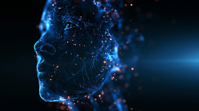 AI Digital Human Face with Glowing Blue Data Particles
