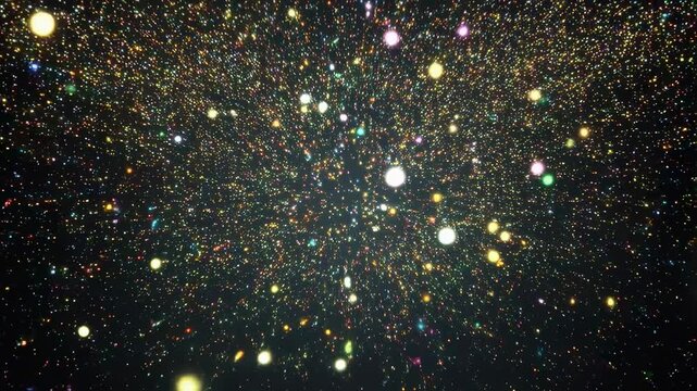 Colorful glowing particles expand outward in a dark abstract space-like environment. Abstract background features multicolored glowing particles with rhythmic movement.