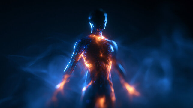 Glowing Digital Human Silhouette with Fiery Energy Core