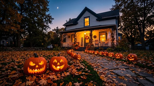 Spooky halloween decorated house with carved pumpkins at twilight time