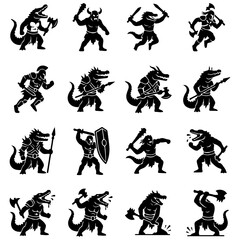 Fototapeta premium Ancient egyptian crocodile warriors and mythology fighters icons set featuring armed beasts and soldiers in black silhouette style crocodile warriors egyptian mythology fighters silhouette