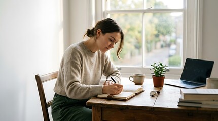 Fototapeta premium Young woman writing in notebook at desk by window with laptop and coffee