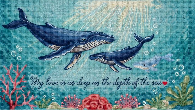 A cross stitch style of two whales swimming in the ocean with coral and a quote about love being as deep as the depth of the sea