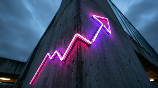 Glowing Neon Upward Trend Arrow on Concrete Building Exterior