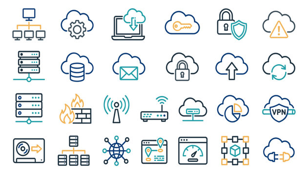Cloud computing and network security vector icon set featuring server data storage firewall vpn and hosting line symbols