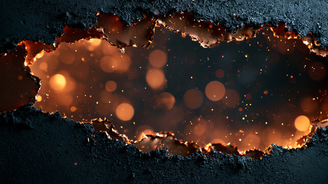 Dark Burnt Frame Revealing Glowing Golden Bokeh Lights