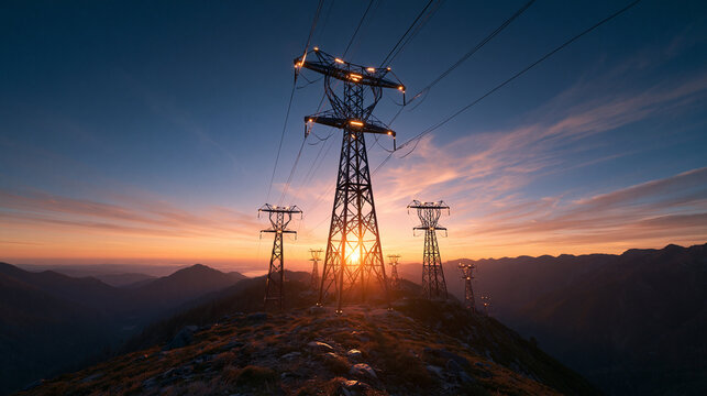 Electricity Pylons on Mountain Ridge at Sunset
