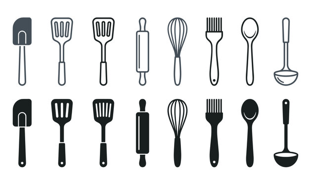 Kitchen utensils vector icon set with spatula turner rolling pin whisk brush spoon ladle outline solid black tools