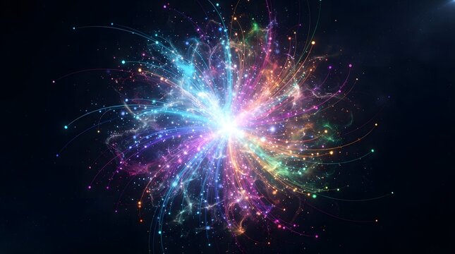 Abstract explosion of colorful energy and light particles against a dark cosmic background