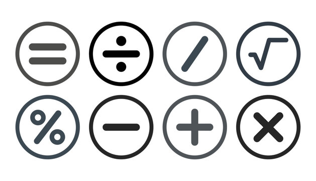 Math symbols vector icon set with plus minus multiply divide equals square root percent buttons in outline circles