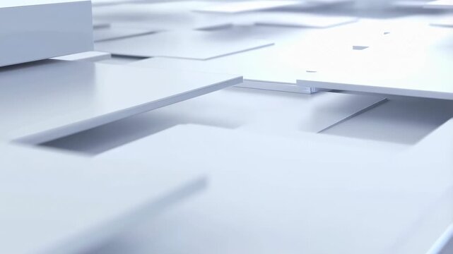 Smoothly animated white and light gray 3D rectangular panels shift vertically with subtle layering and soft diffuse lighting. Soft shadows adds depth and energy to the animated scene.