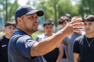 Naklejka premium A man in a baseball cap is gesturing while speaking to a group of young men outdoors on a sunny day.