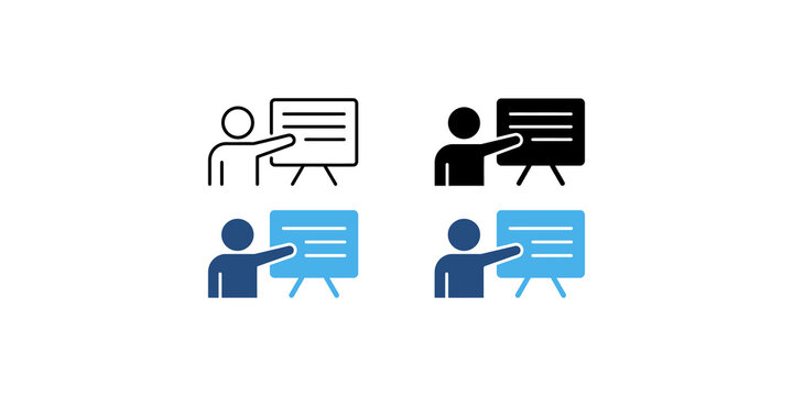 Four variations of person pointing at presentation board for education training teaching seminar graphic design.