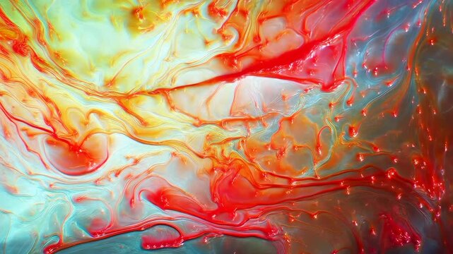 Abstract animation of red and orange fluid paint flowing and mixing over a light background. Colors spread smoothly while bubbles form and drift in an abstract liquid environment.